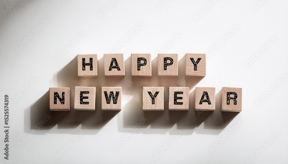 Obraz premium happy new year message in wooden letter blocks casting long shadows on white textured background for minimalist holiday design, greeting card, or banner use