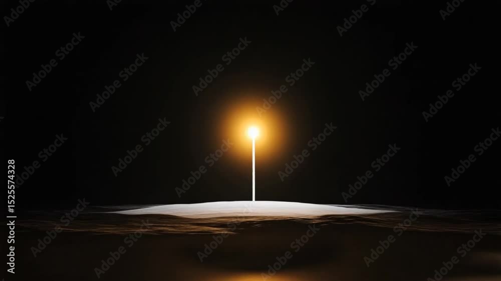 A solitary light pole illuminates a dark landscape, casting shadows on the surrounding terrain