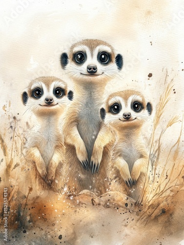 Adorable Meerkat Trio Standing in Sandy Terrain
