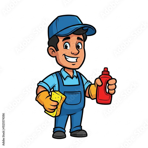 Happy Cartoon Carwash Worker Holding Sponge and Detergent Vector Illustration