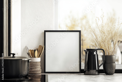 mock up poster frame in modern interior background, kitchen, Scandinavian style
