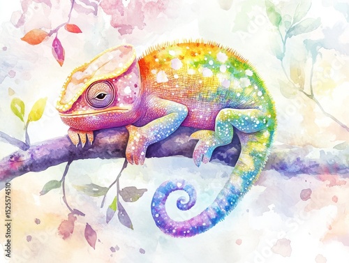 Vivid watercolor illustration of a rainbow-colored chameleon lounging on a tree branch, surrounded by soft leaves and paint splashes.
