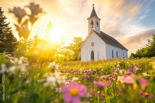 An old white rustic church on top of a hill, in the sunshine surrounded by beautiful flowers