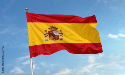 Spain national flag with royal coat of arms waving in the sky