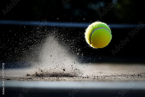 Close-up shot of a tennis ball hitting the ground and raising dust.