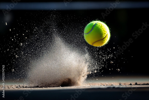 Close-up shot of a tennis ball hitting the ground and raising dust.