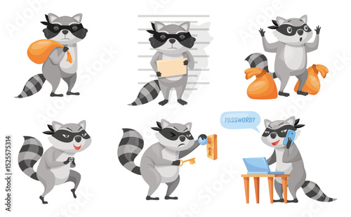 Cartoon raccoon thief. Racoon bandit funny character, cute animal in robber mask with striped tail angry gesture burglar face photo print hack password, neat vector illustration
