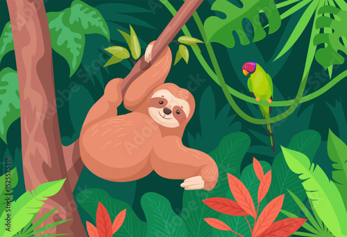 Cartoon sloth on branch. Rainforest lazy animal sleep on branch tree tropical jungle landscape scene, cute sloth in forest background happy wildlife, neat vector illustration