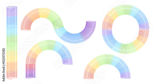 Rainbow spring toy. Children spiral plastic toys retro play game 90s, colorful flexible wire slinky coil baby kid physics bridge resilient springy roll, neat vector illustration