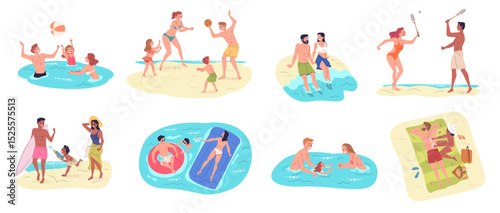 Family beach activities. People summertime scenes, couple children rest summer vacation kid swim sea play on sand sitting picnic, tourist ocean travel classy vector illustration
