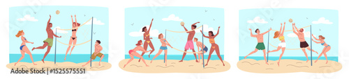 Summer beach volleyball. Volley ball sport match, people friends play game on sea sand man woman hit ball at net guy girl summer vacation activities, classy vector illustration