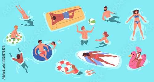 People swim in sea water. Man woman swimming ocean above top view, children play ball game float inflatable ring summer beach activities swimmers, set classy vector illustration