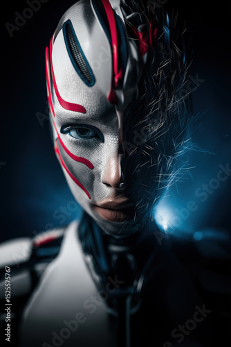 This close-up portrait showcases a female-like robot with realistic skin on her face and head, created by ai