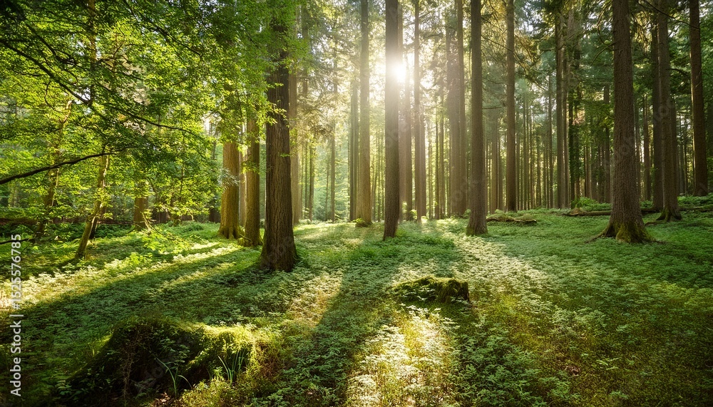 Obraz premium sunlight dappled forest floor tall trees peaceful scene serene still