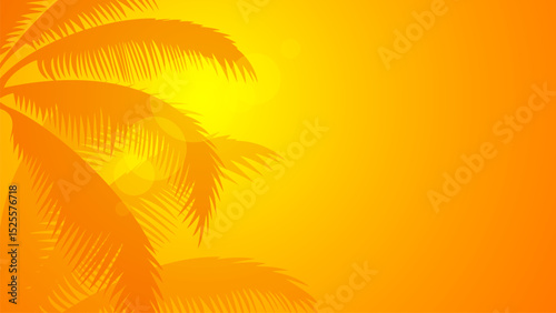 Sunset summer background, simple illustration banner of overlay silhouette coconut palm tress on a bright afternoon with empty  space