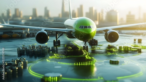 Eco-friendly airplane on smart airport runway