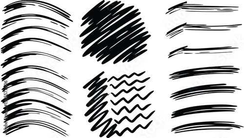 Collection of black brush strokes and zigzag lines in various shapes and orientations on white background