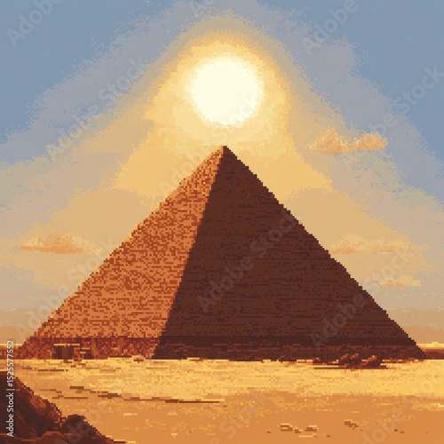 Pixel art illustration of an ancient Egyptian pyramid under a blazing sun in the desert.