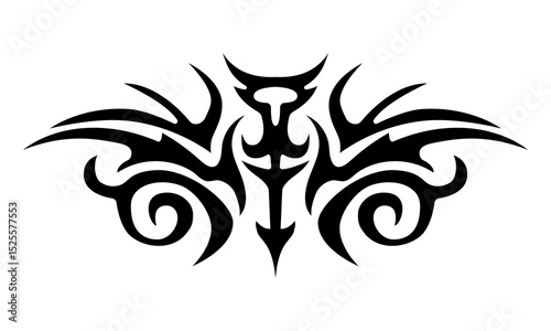 Black tribal tattoo vector ornament with symmetrical abstract swirls and sharp flame-like shapes, perfect for body art, gothic design, alternative style and subculture decoration