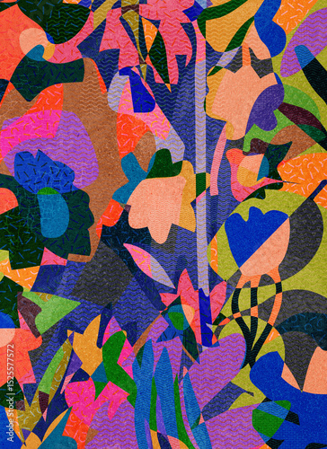 Floral Reverie in Motion. Colorful abstract floral-inspired background with layered organic shapes, vibrant spring tones, and textured patterns evoking nature and blooming plants.