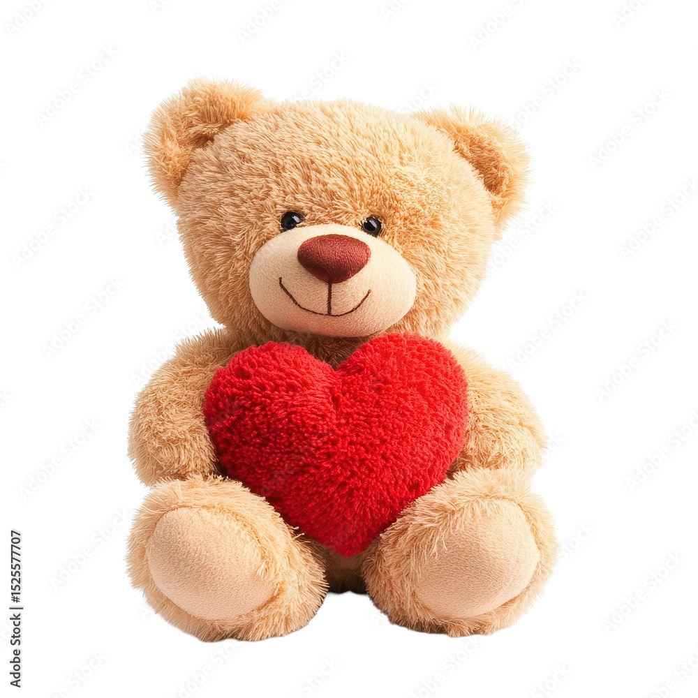 Obraz premium Cuddly teddy bear holding a red heart isolated on a clean Transparent background perfect for gifts and decor, cute teddy bear with a red heart isolated on White background
