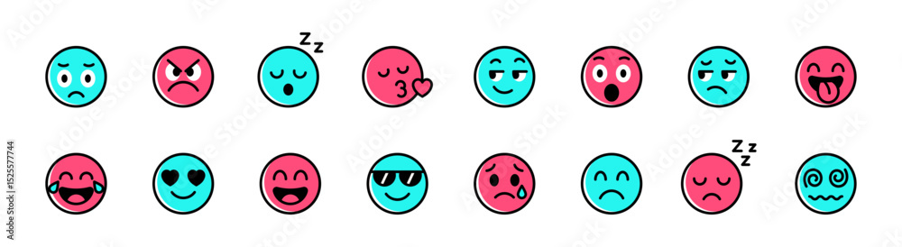 Fototapeta premium cartoon emoji set , facial expressions , teal and pink faces with emotions like sad, angry, sleepy, love, surprise, happy, cool, crying, and dizzy emoticons. for chat apps, stickers and social media