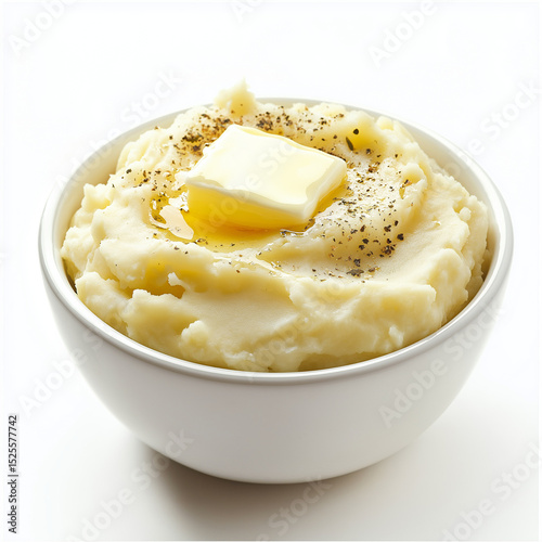 Bowl of creamy mashed potato with a pat of melting butter isolated on a white background photo