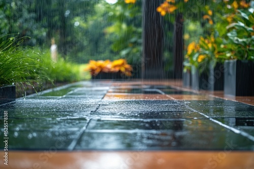 Serene garden with gentle rain falling on plants and stone pathway in the early morning sunlight at a contemporary home