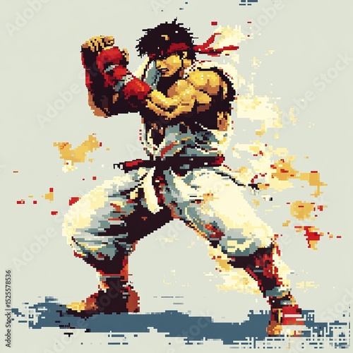 Pixelated depiction of a retro arcade fighting game character in a dynamic pose.