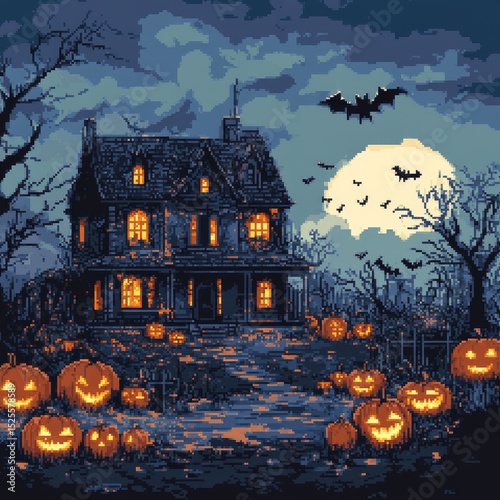 Pixelated depiction of a spooky Halloween night with a haunted house