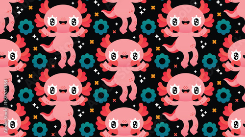 Seamless Cute Axolotl Pattern with Flowers on Black Background