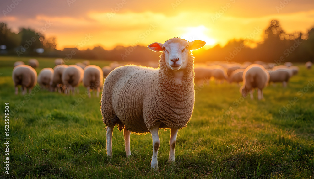 Fototapeta premium Flock Of Sheep Grazing In a Meadow at Sunset, Showcasing Animal Welfare and Sustainable Farming Practices