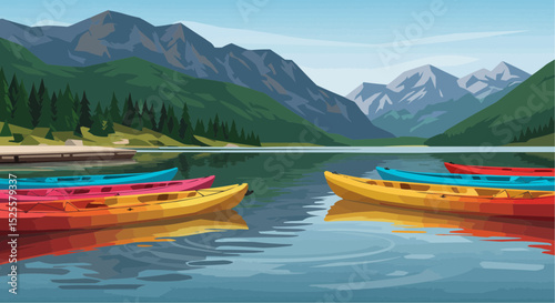 Colorful kayaks floating on calm lake surrounded by mountains  