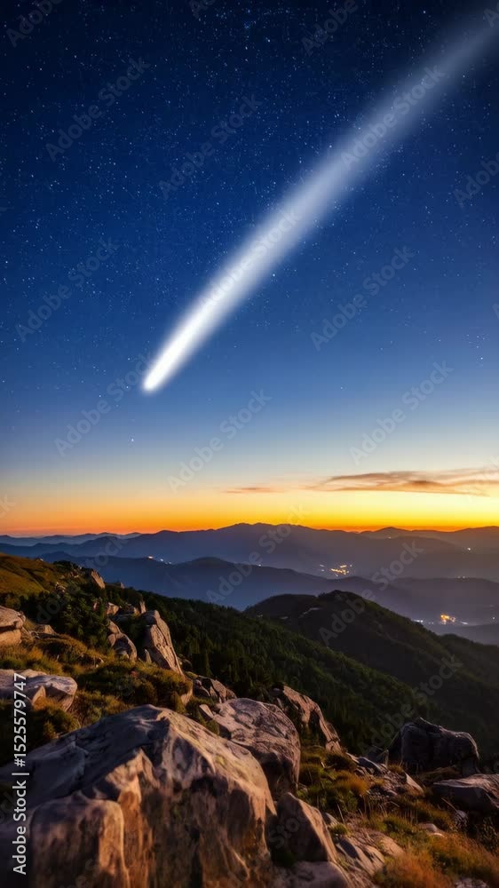 Spectacular shooting star streaks across twilight sky over mountain range landscape with trees and rocks on hillside in panoramic scene