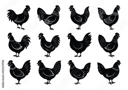 Hen or chicken, rooster and chicks silhouette set. hen, rooster and chicks isolated farm animal silhouette icon vector collection