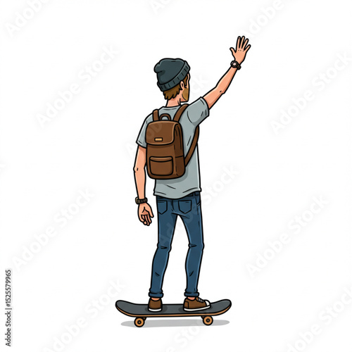 Cartoon Hipster Man with Skateboard Hitchhiking Back View Vector Illustration