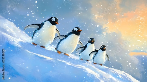 A family of penguins sliding on ice in the Arctic