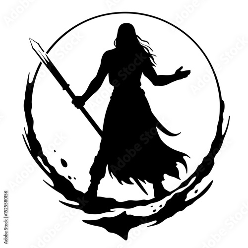 Silhouette of warrior with spear, fantasy power and strength