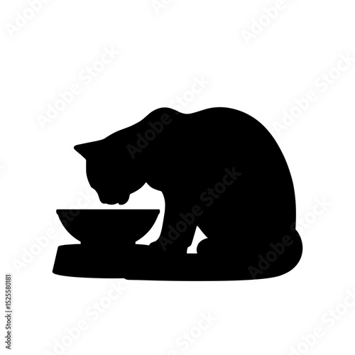 Silhouette of cat eating from bowl on white background, pet nutrition simplicity