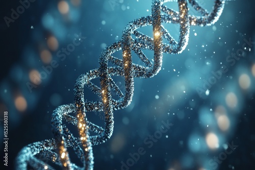 Close up of a metallic DNA double helix model with crystalline detail, on a dark background highlighted by shining particles.