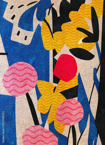 Garden in Motion. Colorful abstract floral-inspired background with layered organic shapes, vibrant spring tones, and textured patterns evoking nature and blooming plants.