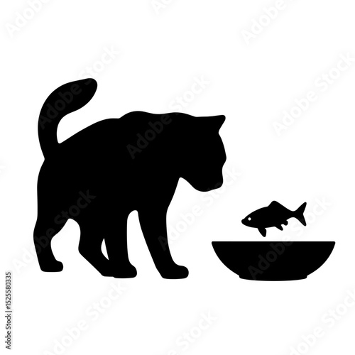 Silhouette of cat approaching fish bowl, pet nutrition instinct on white background