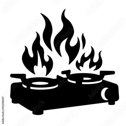 Silhouette of portable camping stove with flames, outdoor cooking gear illustration