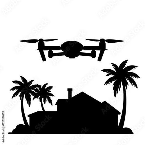 Silhouette of drone hovering over scenic estate with palm trees, real estate tech showcase