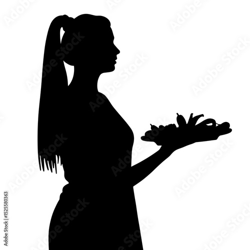Silhouette of woman holding platter of vegetables, healthy eating elegance