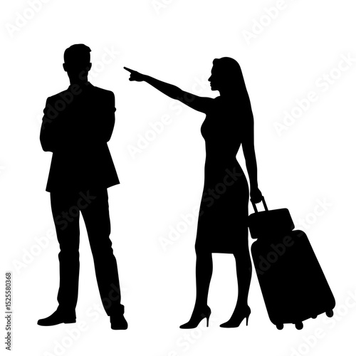 Silhouette of woman with luggage pointing next to man, travel destination direction