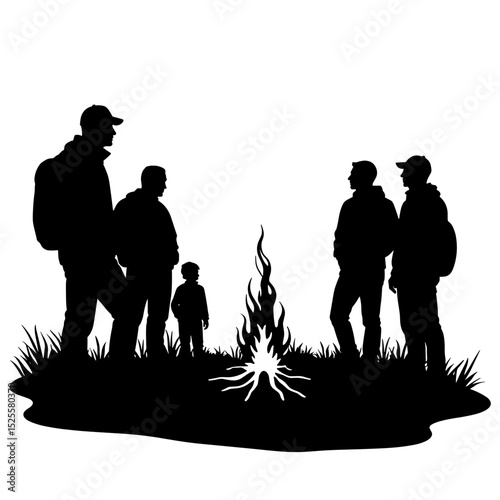 Silhouette of group around campfire on white background, outdoor adventure bonding