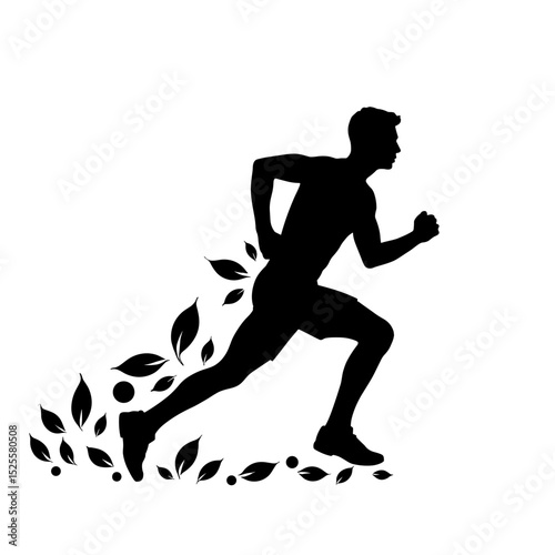 Silhouette of man sprinting with leaf trail on white background, eco-friendly energy