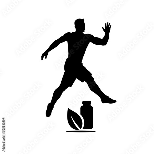 Silhouette of athlete jumping with supplement and leaf below, fitness energy vegan support