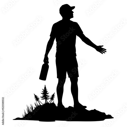 Silhouette of hiker holding water bottle with tree icon, eco-conscious adventure